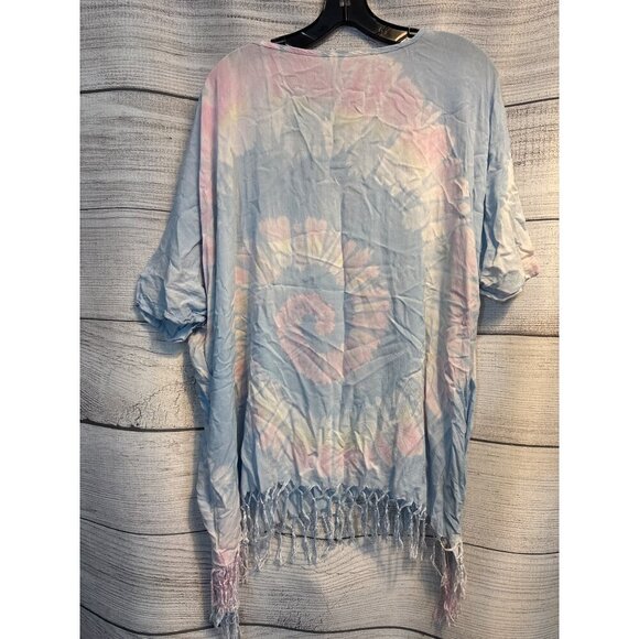 Rainbow Tie-Dye Fringe Kaftan V-Neck Top Womens One Size - Picture 3 of 3